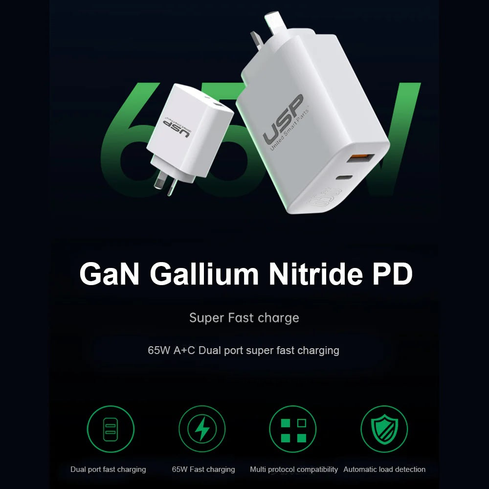 USP 65W GaN Dual Port Super Fast Wall Charger - USB-C PD & QC - White 