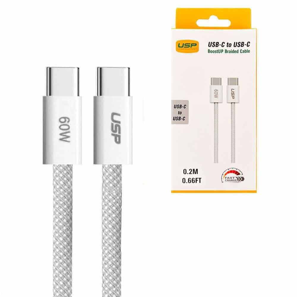 BoostUp Short White Braided USB-C Cable - 60W Fast Charge & Durable