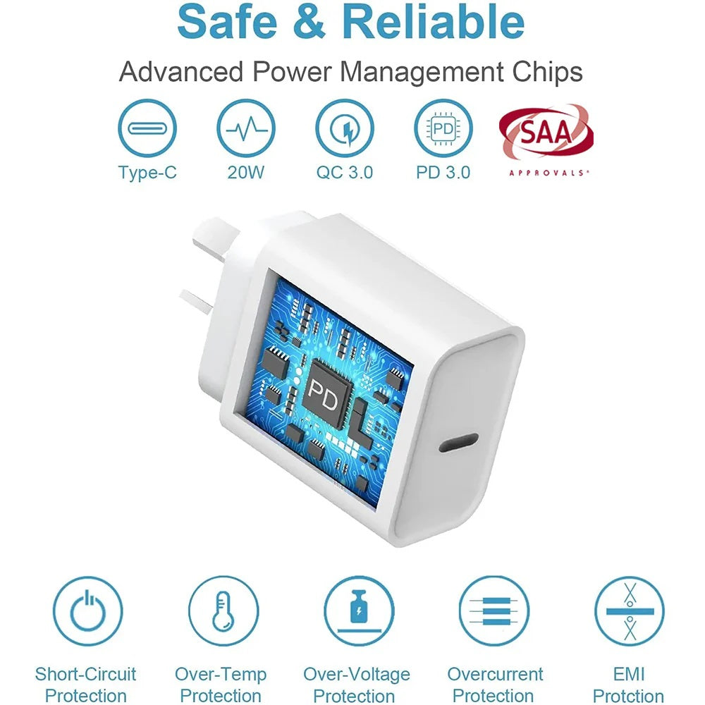 20W USB-C PD Fast Wall Charger - White | Quick & Safe Charging 