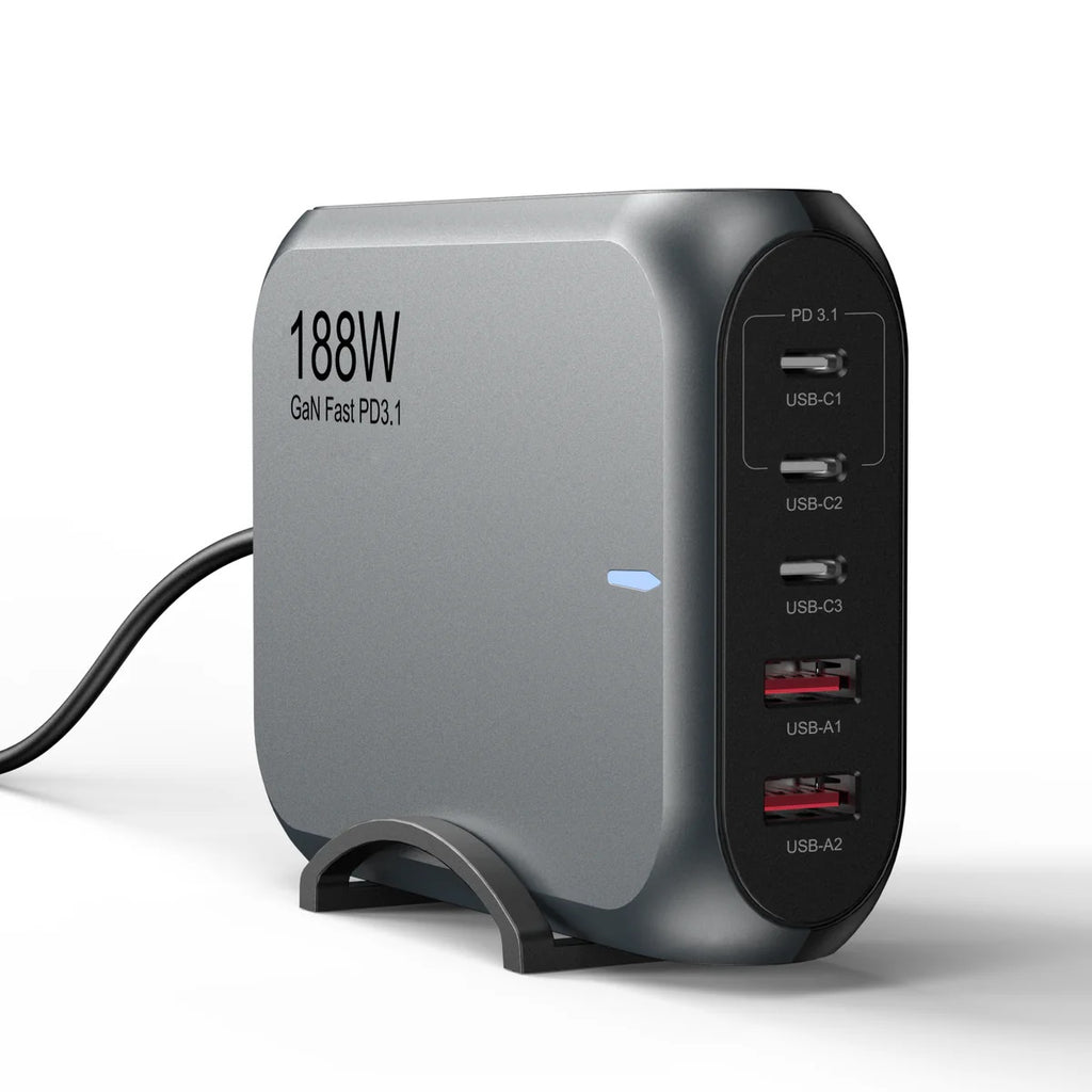USP 188W GaN 5-Port USB-C PD Wall Charger for Laptops & Phones - Black 