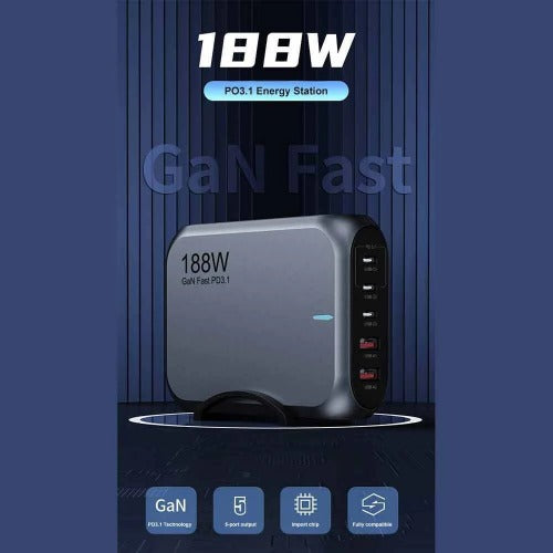 USP 188W GaN 5-Port USB-C PD Wall Charger for Laptops & Phones - Black 