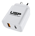 USP 20W Dual Port Fast Wall Charger | USB-C PD & USB-A QC | White