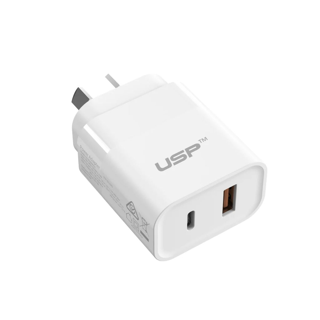USP 30W Dual Port Fast Wall Charger - USB-C PD & QC 3.0 - White 