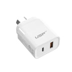 USP 30W Dual Port Fast Wall Charger - USB-C PD & QC 3.0 - White 
