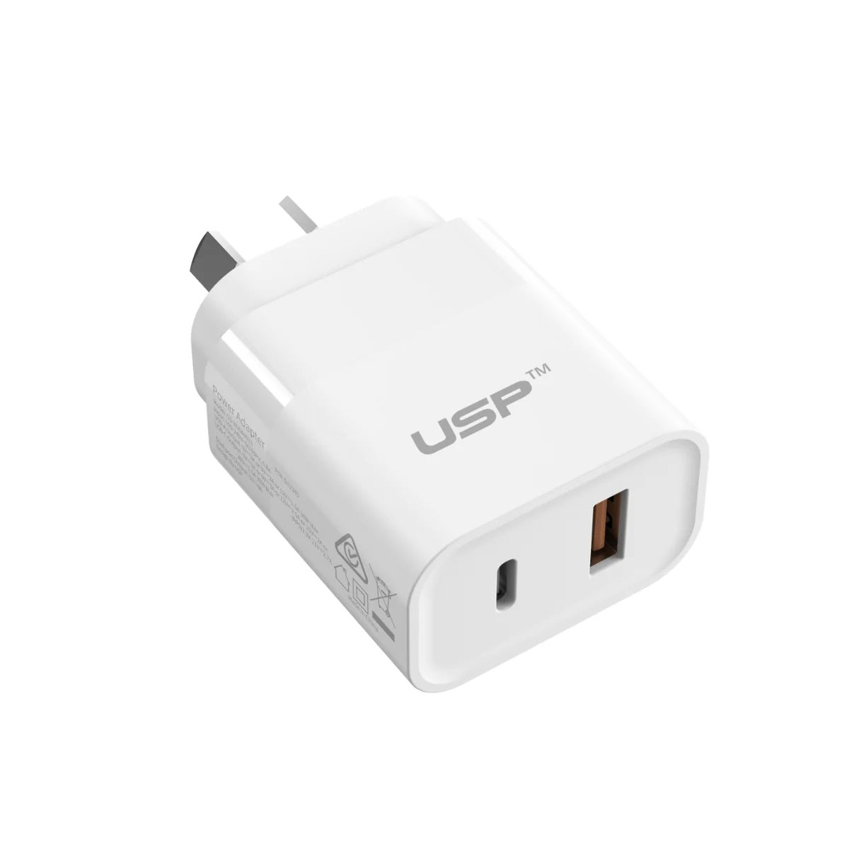 USP 30W Dual Port Fast Wall Charger - USB-C PD & QC 3.0 - White 