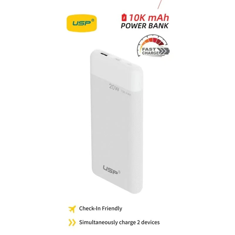 USP 10K mAh White Power Bank | 20W Fast Charge USB-C Portable Charger 