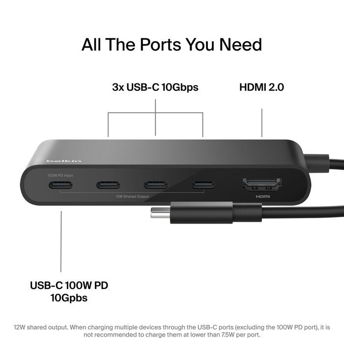Belkin USB-C Multiport Hub - HDMI 4K 60Hz, 100W PD, 4x USB-C - Black Belkin