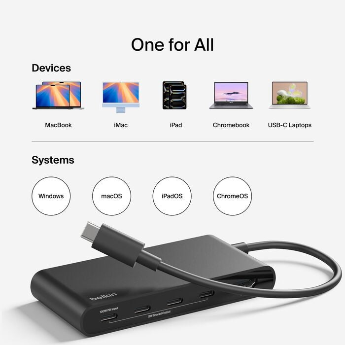 Belkin USB-C Multiport Hub - HDMI 4K 60Hz, 100W PD, 4x USB-C - Black Belkin