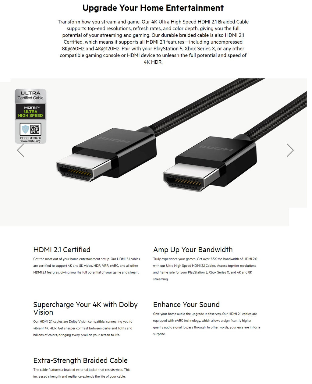 Belkin 8K HDMI 2.1 Braided Cable (2M) - 4K 120Hz, Dolby Vision Belkin