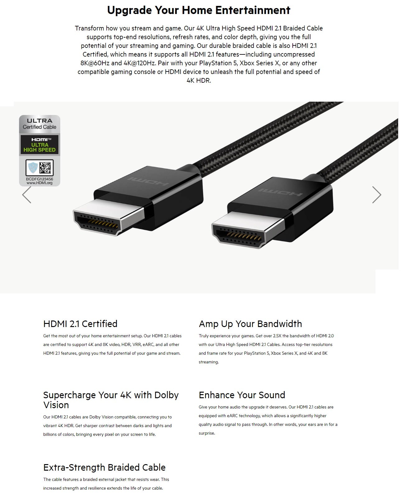 Belkin 8K HDMI 2.1 Braided Cable (2M) - 4K 120Hz, Dolby Vision Belkin