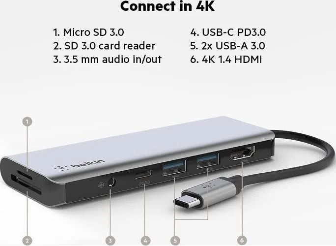 Belkin USB-C 7-in-1 Multiport Hub Adapter - 4K HDMI, 100W PD (Space Grey) Belkin