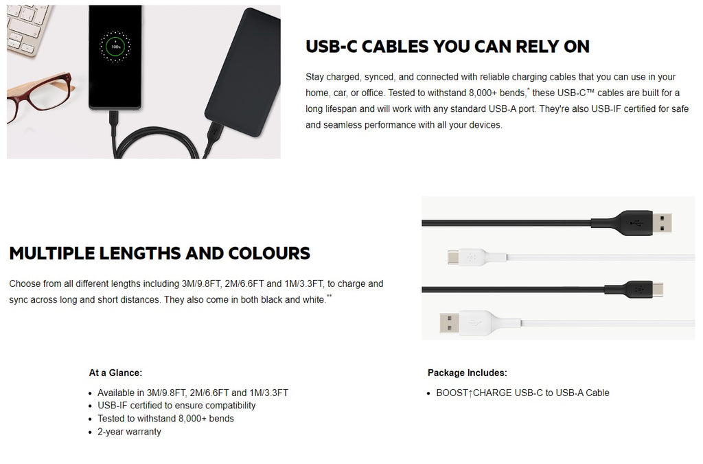 Belkin BoostCharge USB-C to USB-A Cable 1M White - Durable & Fast Charge Belkin