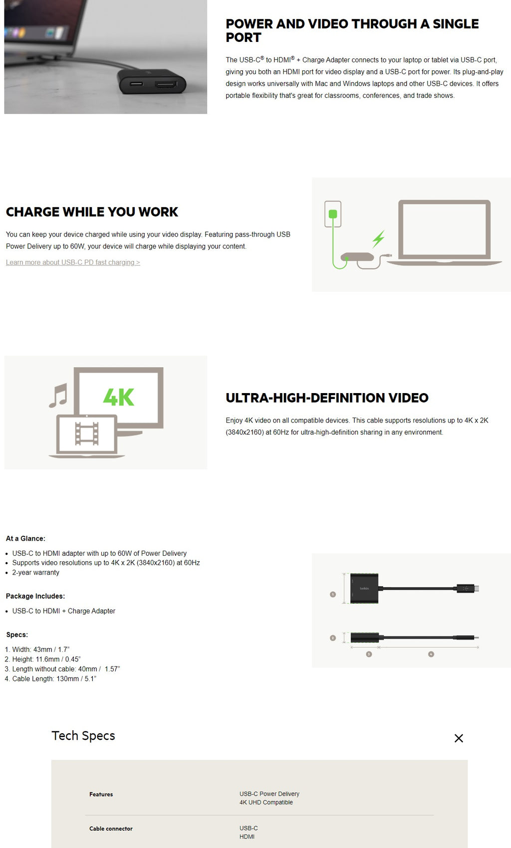 Belkin USB-C to HDMI & Charge Adapter - 4K Video, 60W, Black Belkin