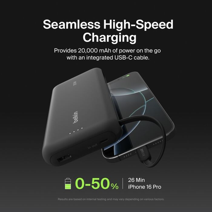Belkin BoostCharge 20K Power Bank with Integrated USB-C Cable - Black Belkin