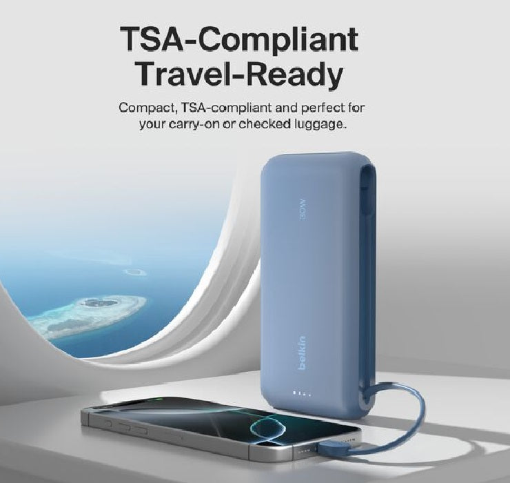 Belkin BoostCharge 20K mAh Power Bank with Integrated USB-C Cable - Blue Belkin