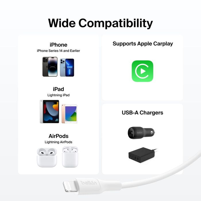 Belkin BoostCharge Lightning to USB-A Cable 2M White | MFI iPhone Charger Belkin