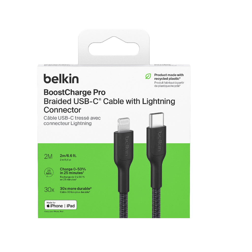 Belkin Boostcharge Pro Braided Lightning to USB-C Cable (2M) - Black, MFI Belkin