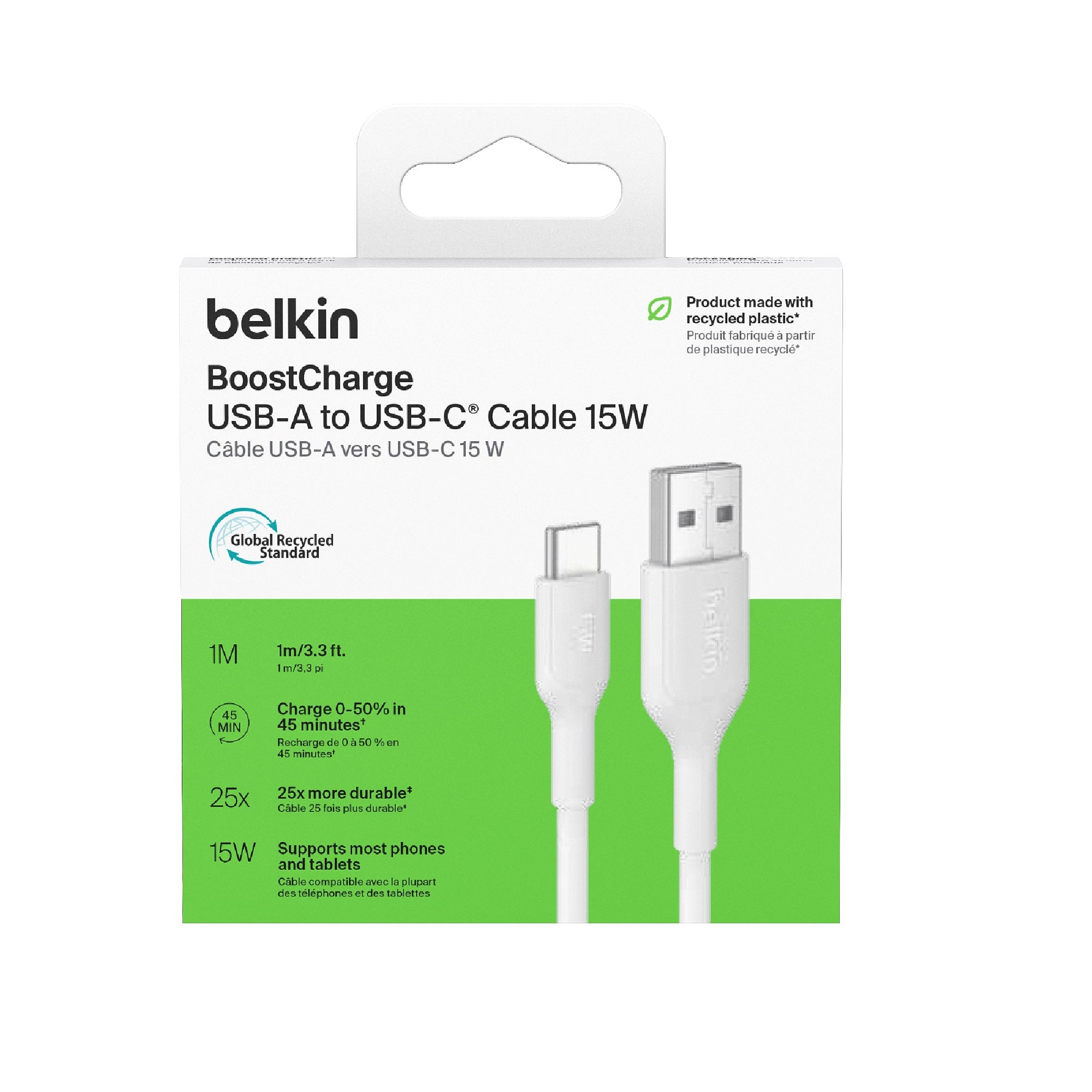 Belkin BoostCharge USB-C to USB-A Cable 1M - White, Fast & Durable 