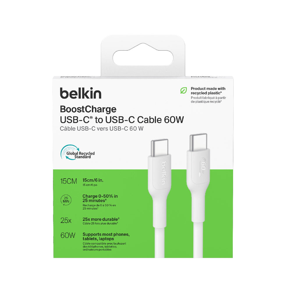 Belkin BoostCharge USB-C Cable 0.15M - Fast 60W Charge, White Belkin