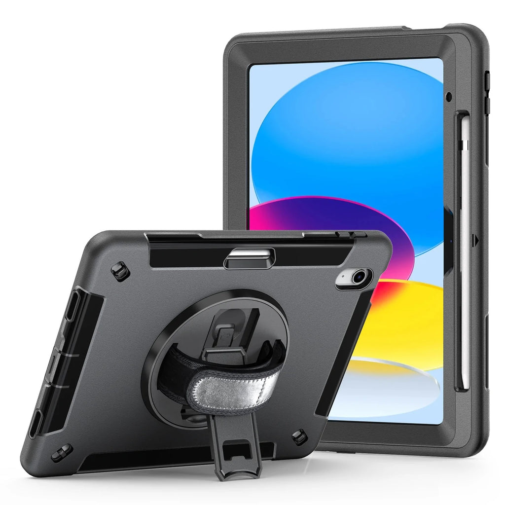 Rugged Black iPad 10th/11th Gen Case - Drop-Proof, Kickstand, Straps 