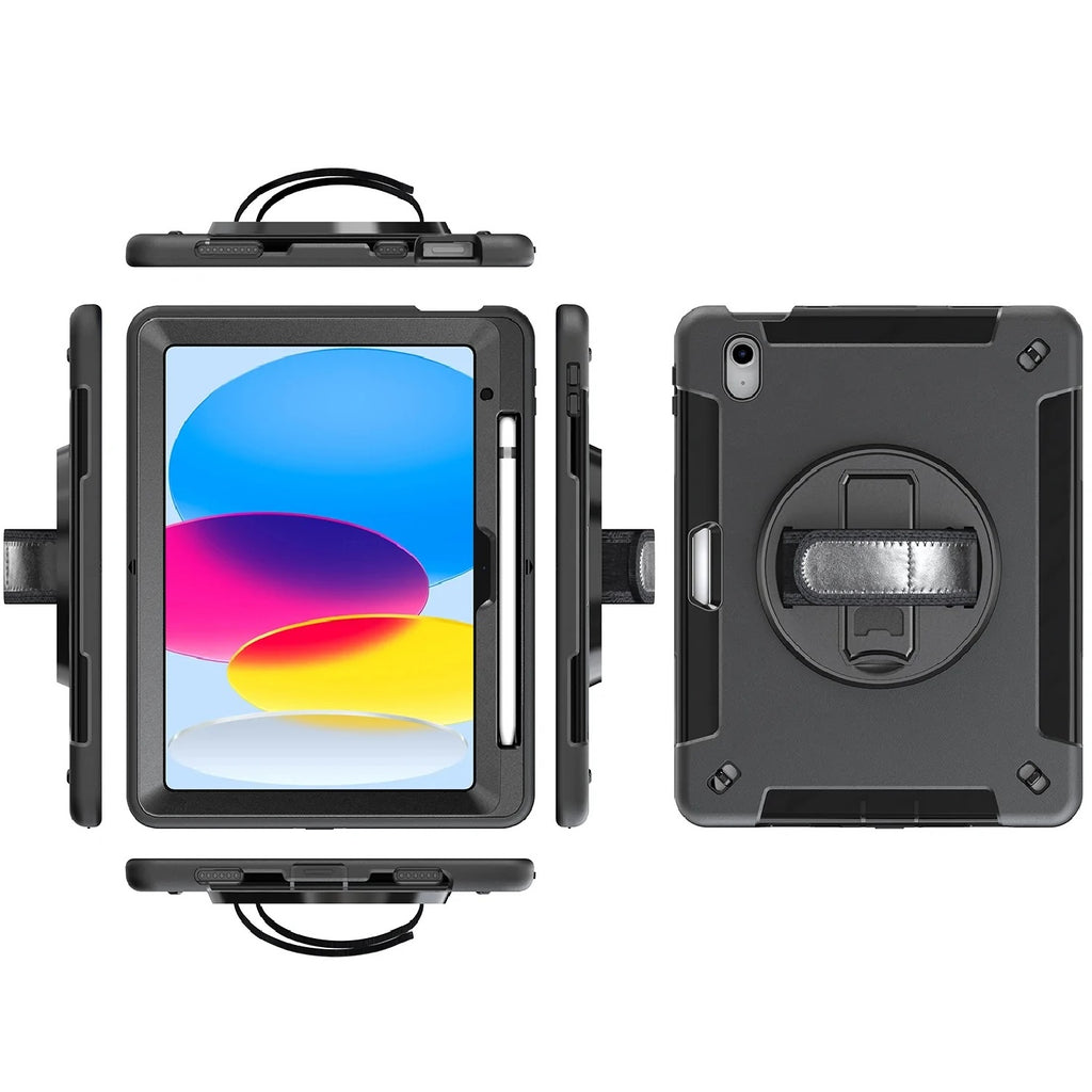 Rugged Black iPad 10th/11th Gen Case - Drop-Proof, Kickstand, Straps 