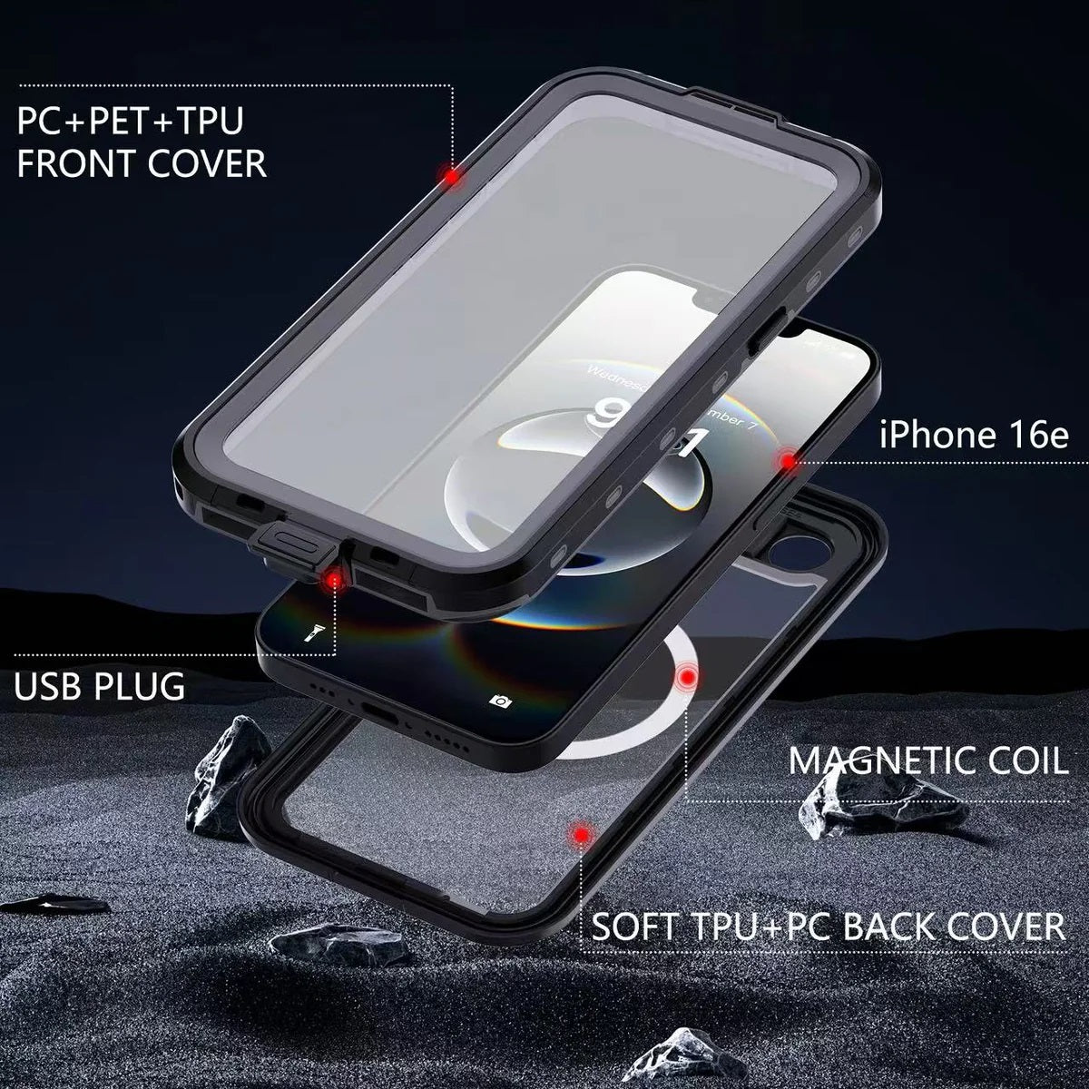 iPhone 17e/16e 6.1 Waterproof Case Black - Shockproof & Rugged 