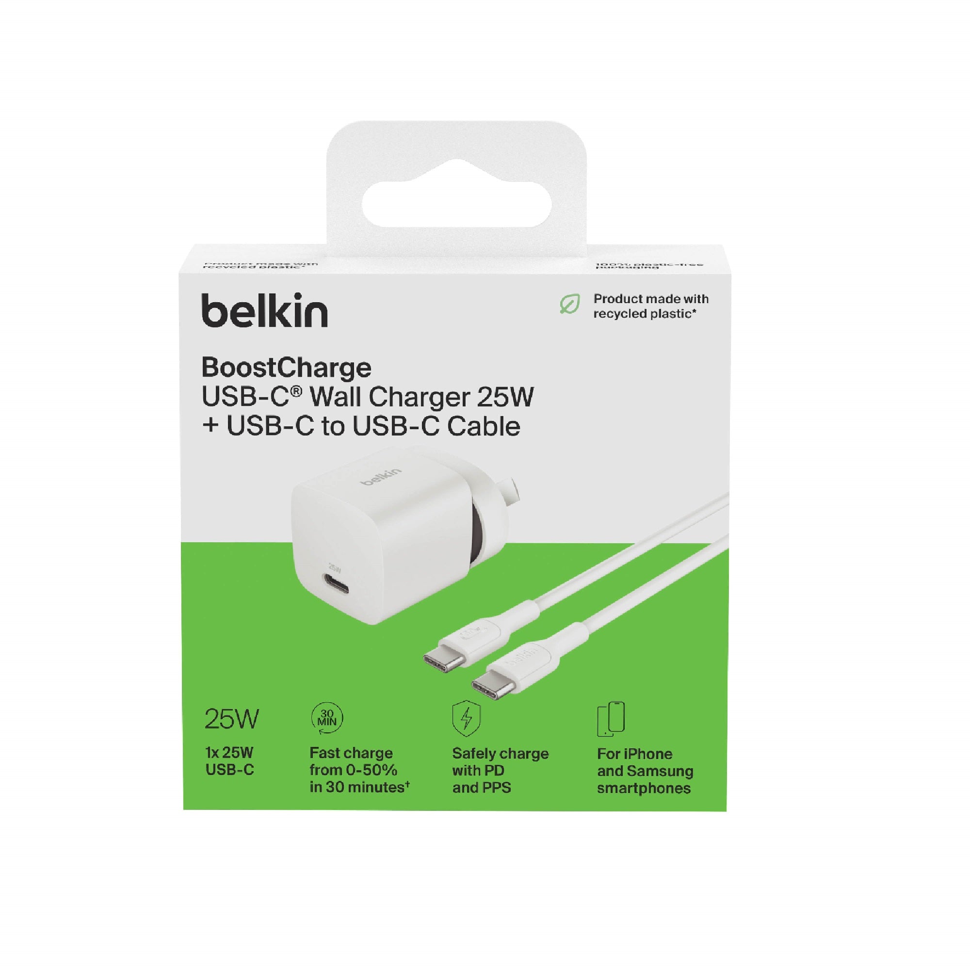 Belkin BoostCharge 25W Fast USB-C Wall Charger & Cable - White Belkin