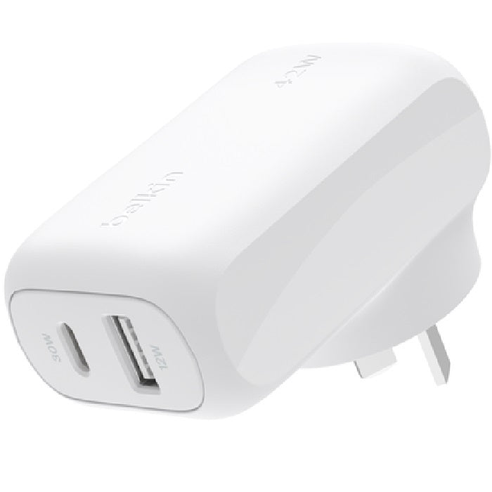 Belkin BoostCharge 42W Dual Wall Charger - Fast USB-C & USB-A (White) Belkin
