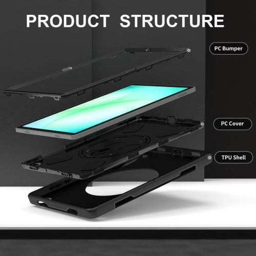 Samsung Tab A9+ Rugged Case Black | Kickstand, Strap & Pen Holder 