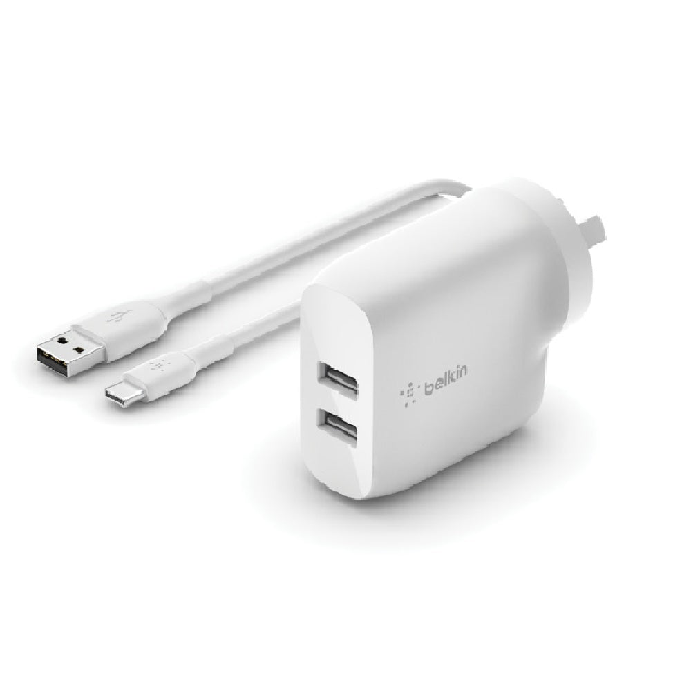 Belkin BoostCharge 24W Dual USB-A Wall Charger & USB-C Cable (1M) - White Belkin