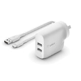 Belkin BoostCharge 24W Dual USB Wall Charger + USB-C Cable - White