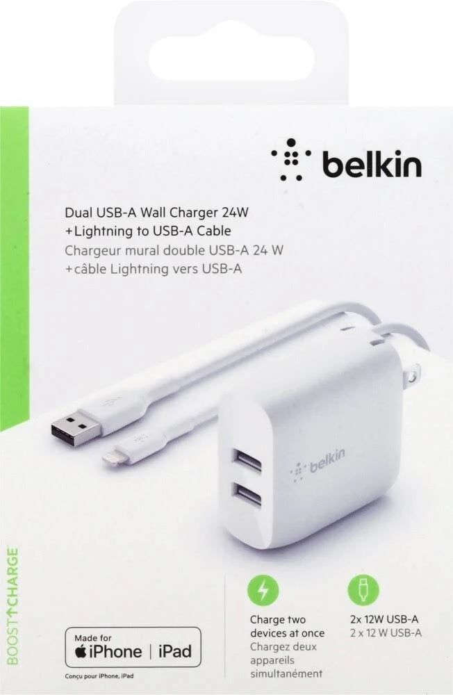 Belkin BoostCharge 24W Dual USB Charger Kit with 1M Lightning Cable - White 