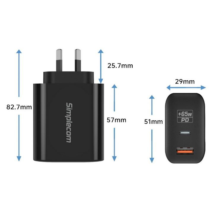 Simplecom CU265 65W GaN Dual Port USB-C Fast Wall Charger for Laptops & Phones Simplecom