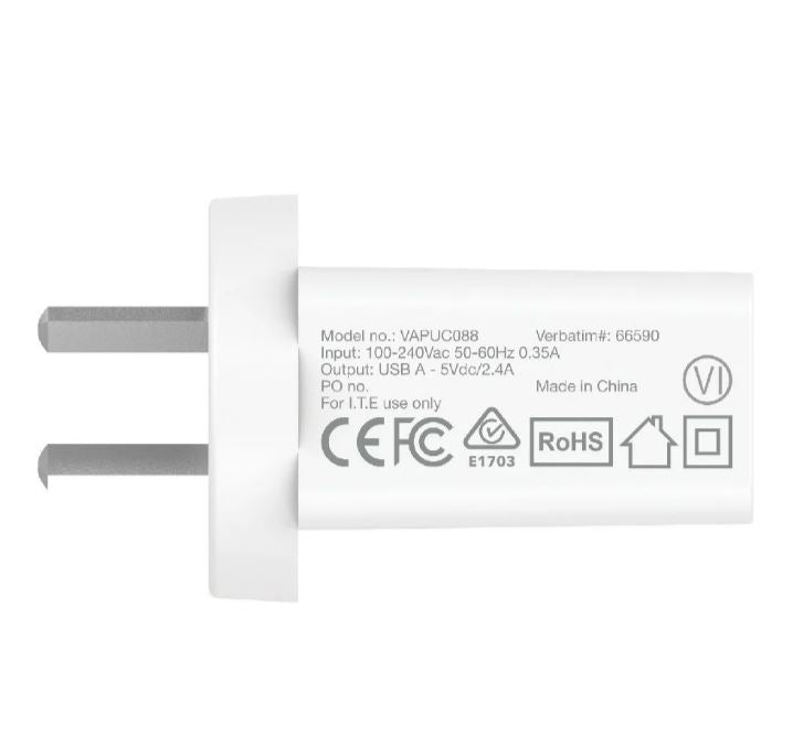 Verbatim 2.4A Fast USB Wall Charger - White Single Port Verbatim