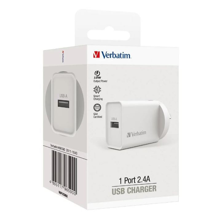 Verbatim 2.4A Fast USB Wall Charger - White Single Port Verbatim