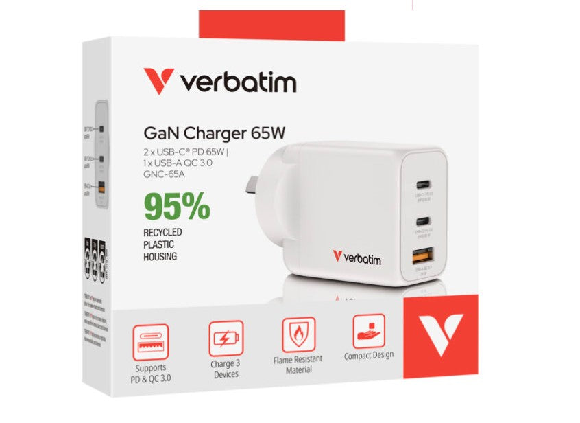 Verbatim 65W GaN USB-C Fast Wall Charger | Multi-Device & Eco-Friendly
