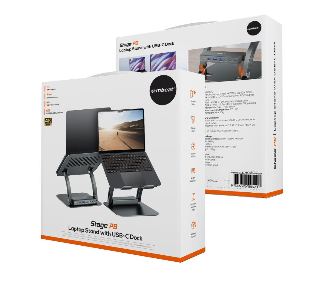 mbeat Stage P6 Ergonomic Laptop Stand with USB-C Dock & Hub