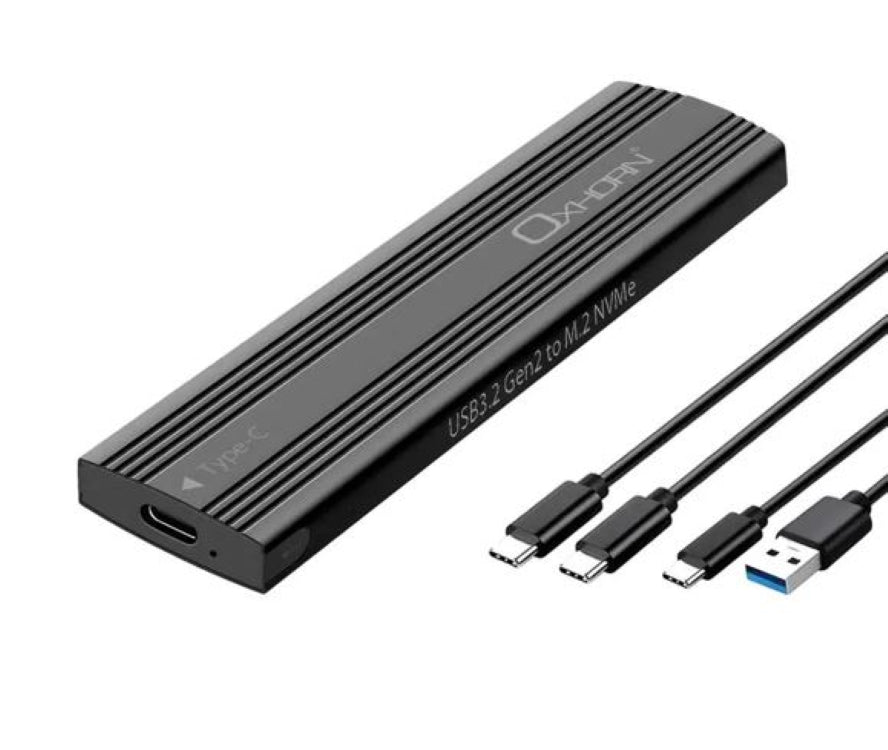 Oxhorn  USB C 3.2 Gen 2 M.2 NVMe NGFF Enclosure 10 Gbps B+M Key M.2 NVMe SSD up to 4TB 2280/2260/2242/2230 Aluminum Macs Windows USB-A Black 2 YR WTY 
