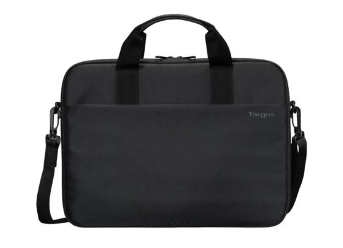 Targus 13-14' Intellect® Slim Briefcase Zippered padded front pocket Removable adjustable shoulder strap carry handles water-resistant fabric Black 