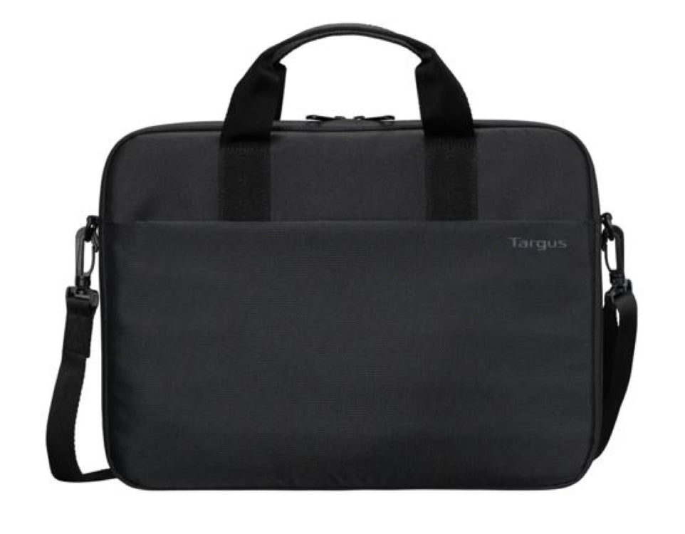 Targus 15'-16' Intellect® Slim Briefcase Zippered padded front pocket Removable adjustable shoulder strap carry handles water-resistant fabric Black 