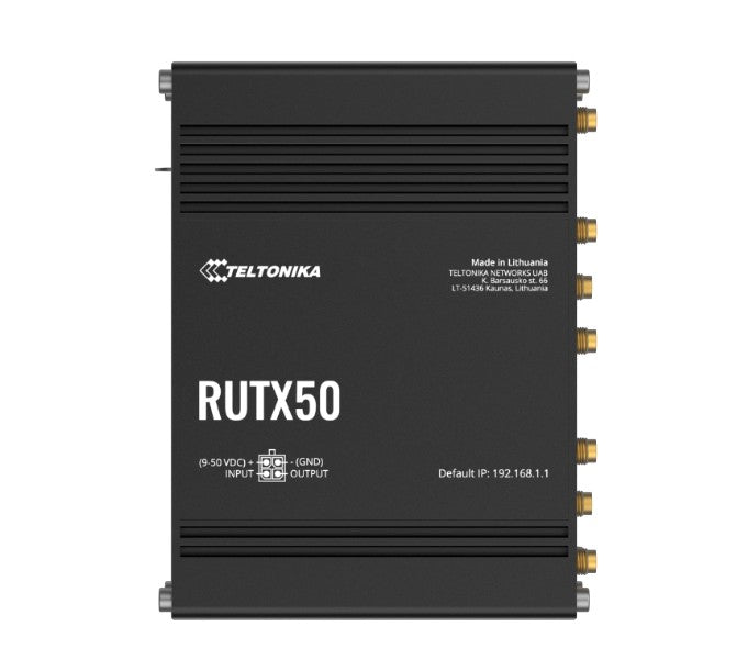 Teltonika RUTX50 Industrial 5G Router, 5G dual SIM cellular, 5 Gigabit Ethernet ports, dual-band WI-Fi, PSU included Teltonika