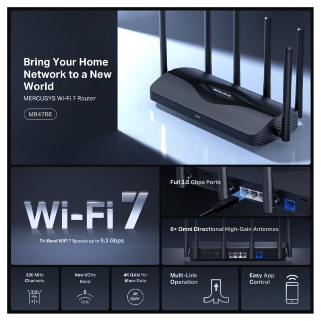 Mercusys MR47BE BE9300 Wi-Fi 7 Router - Tri-Band, Blazing Fast