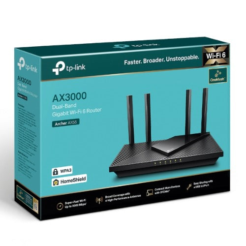 TP-Link Archer AX55 AX3000 Dual Band Gigabit Wi-Fi 6 Router, 2402 Mbps 5GHz, OFDMA, OneMesh, 4x High - Archer AX55