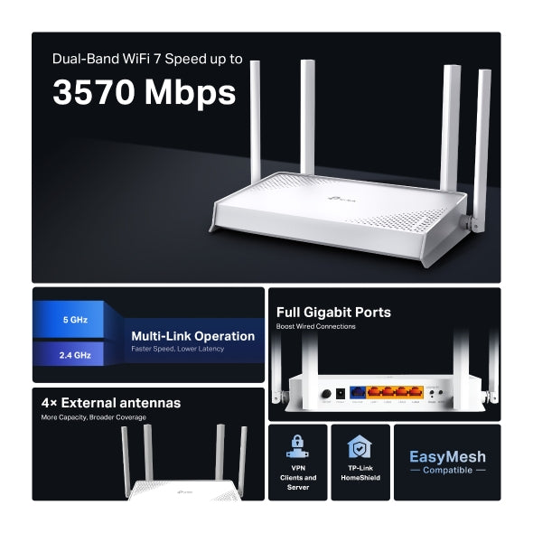 TP-Link Archer BE220W BE3600 Wi-Fi 7 Router | Fast Dual-Band Home WiFi