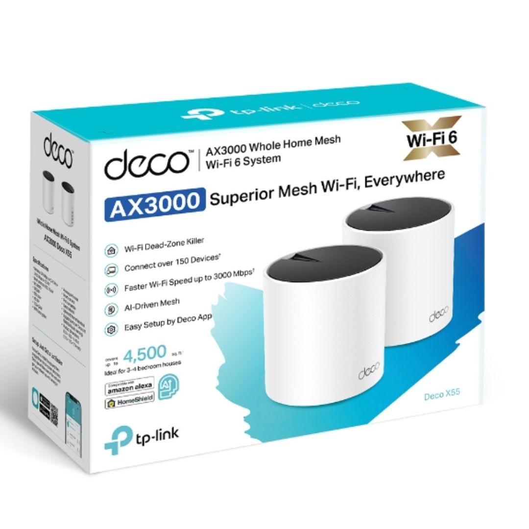 TP-Link Deco X55(2-pack) AX3000 Whole Home Mesh WiFi 6 Router, Dual-Band with Smart Antennas, MU-MIMO, HomeShi