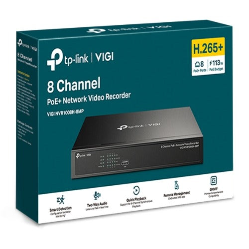TP-Link VIGI NVR1008H-8MP 8 Channel PoE+ Network Video Recorder, 113W PoE Budget, H.265+, 4K Video O - VIGI NVR1008H-8MP