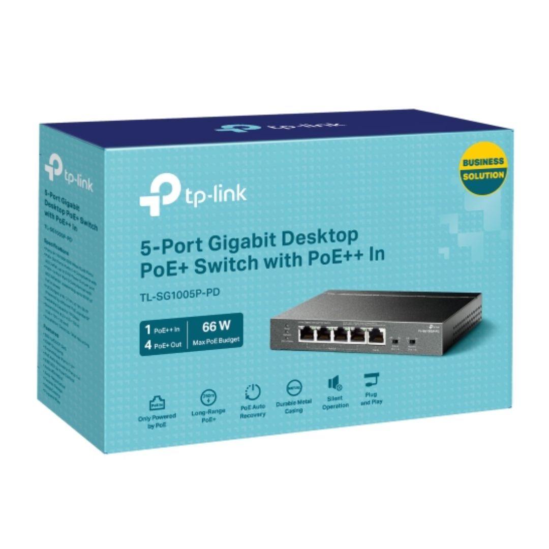 TP-Link TL-SG1005P-PD 5-Port Gigabit Desktop PoE+ Switch with 1-Port PoE++ In, 4-Port PoE+ Out, Metal Case, Lo