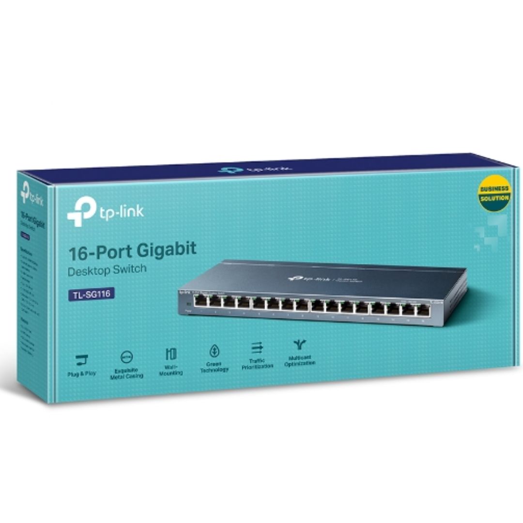 TP-Link TL-SG116 16-Port Gigabit Unmanaged Desktop/Wall Mounting Switch 32Gbps Capacity 23.81Mpps 8K MAC 4.1Mb