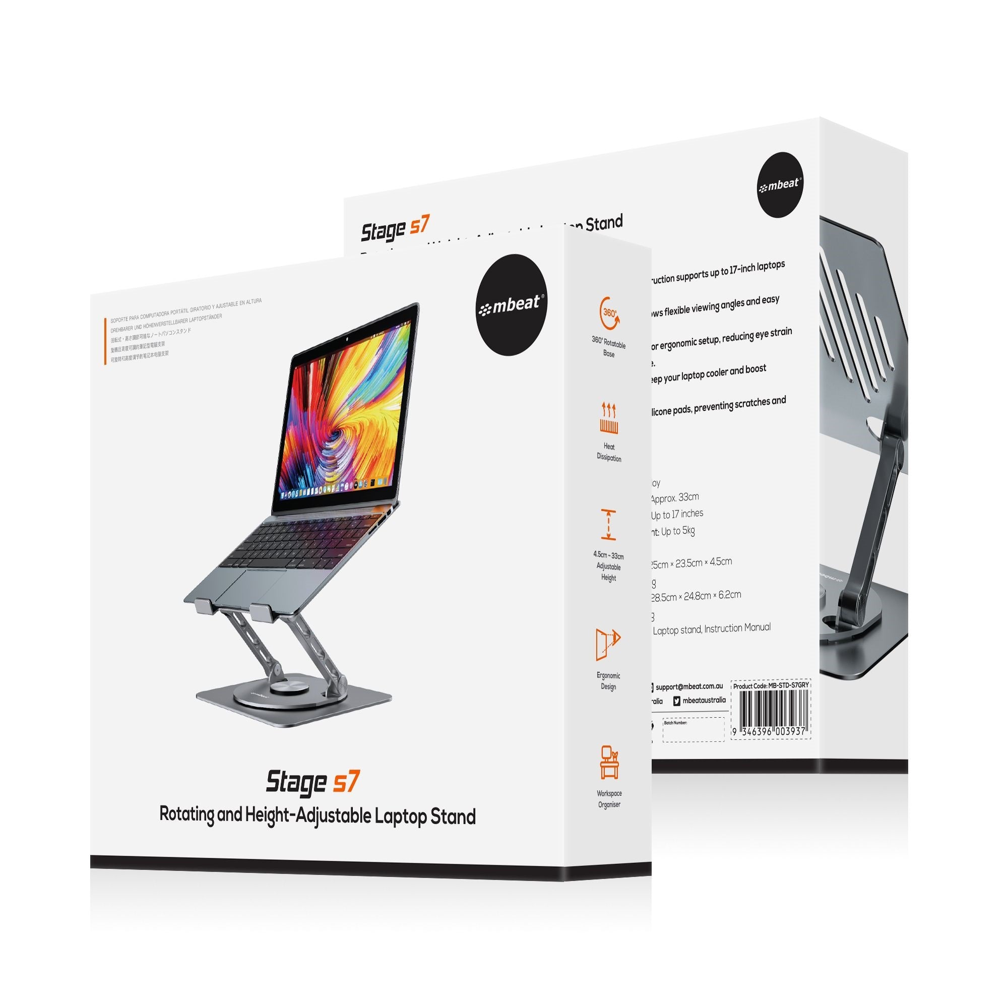 mbeat Stage S7 Rotating & Height-Adjustable Ergonomic Laptop Stand - Space Grey 