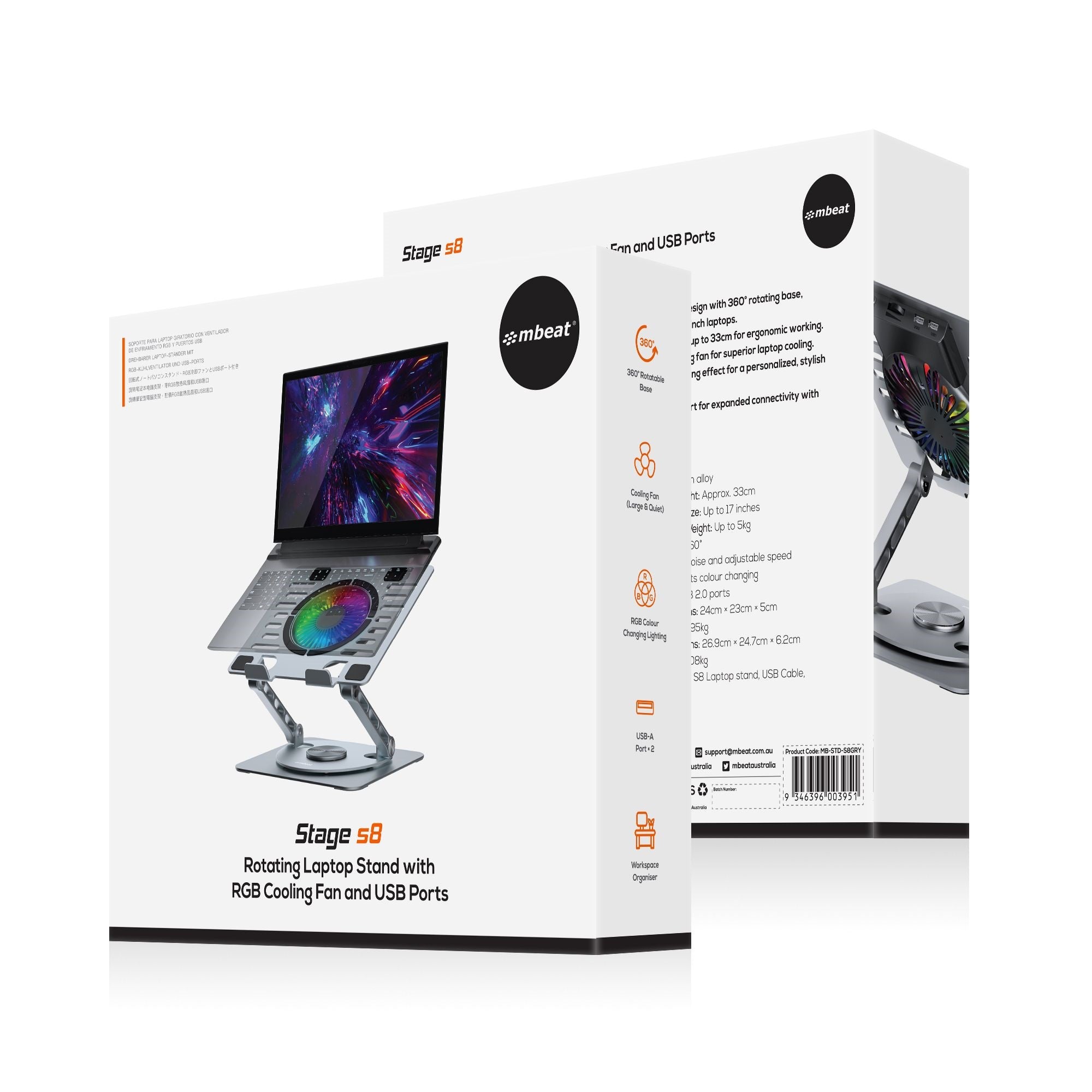 mbeat S8 Rotating Laptop Stand with RGB Cooling Fan & USB Hub 